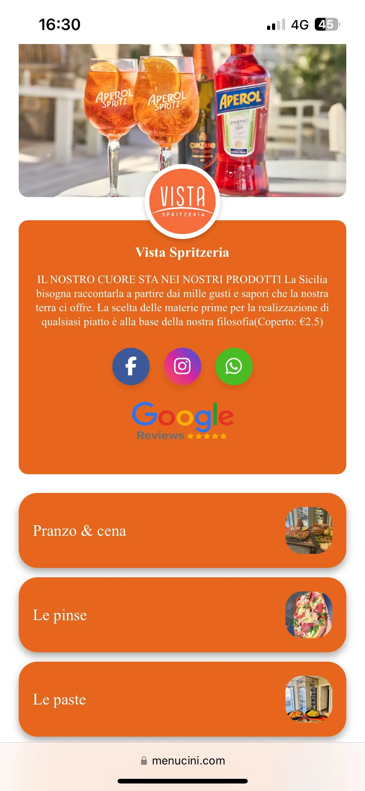 Vista Spritzeria Menu